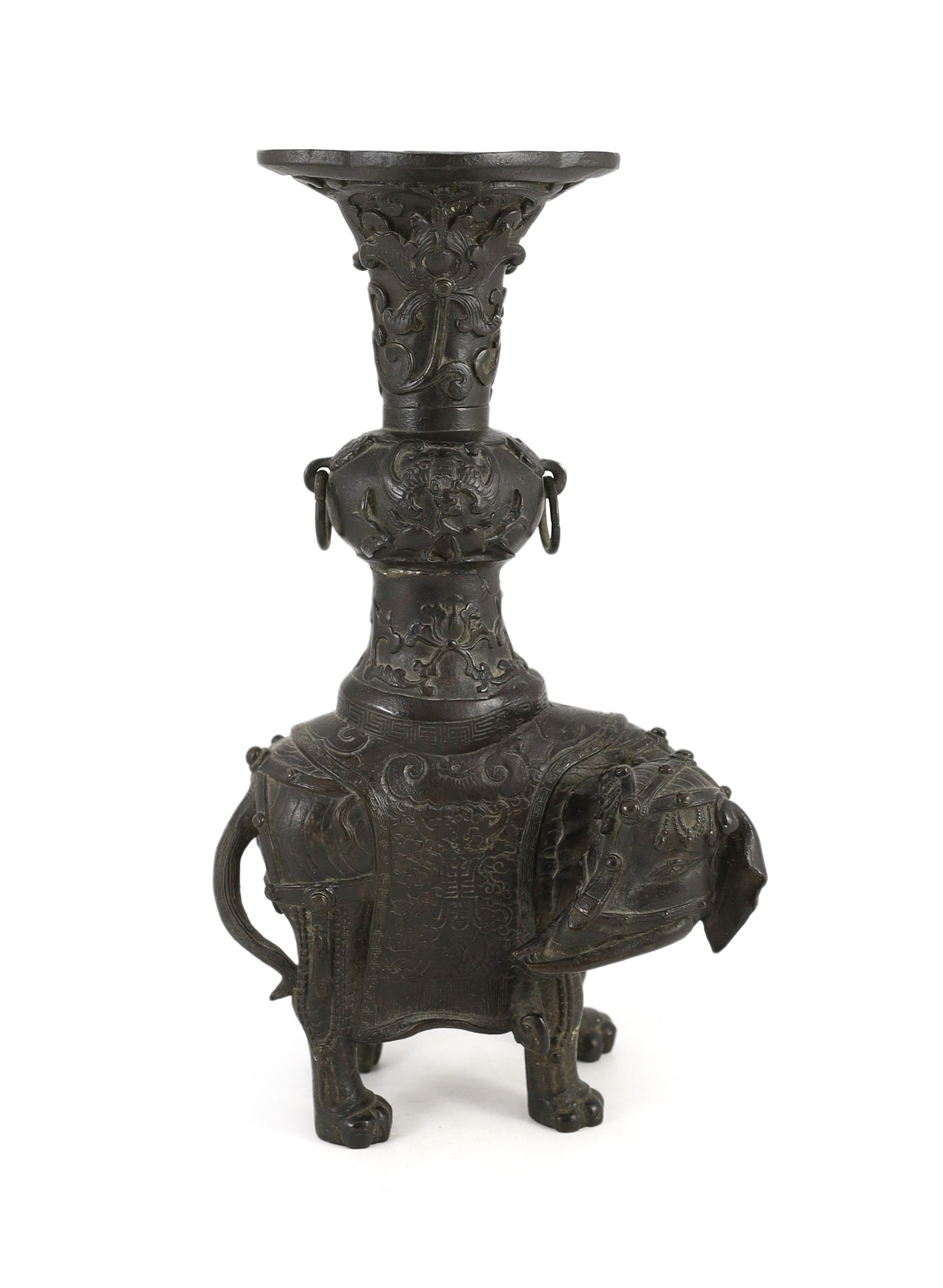 A Chinese bronze ‘elephant’ vessel, late Ming dynasty, 36cm high, Repairs